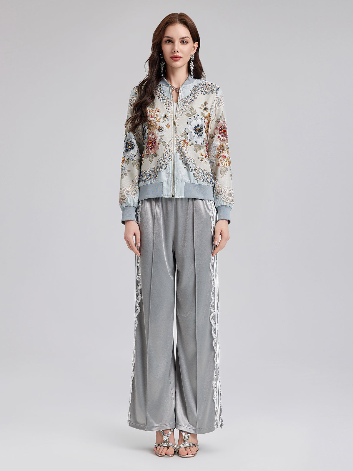 El İşlemeli Boncuklu Çiçekli Bomber Ceket