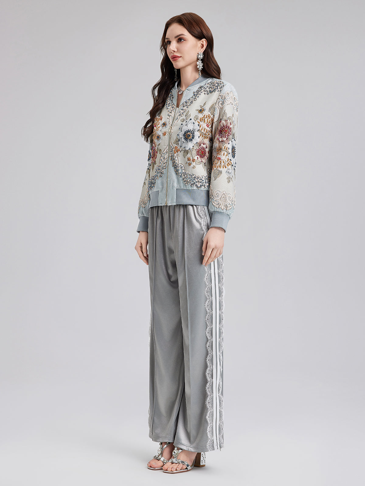 Gümüş Dantel Kenarlı Bol Paça Pantolon