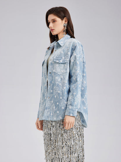 Boncuklu Dantelli Kot Ceket