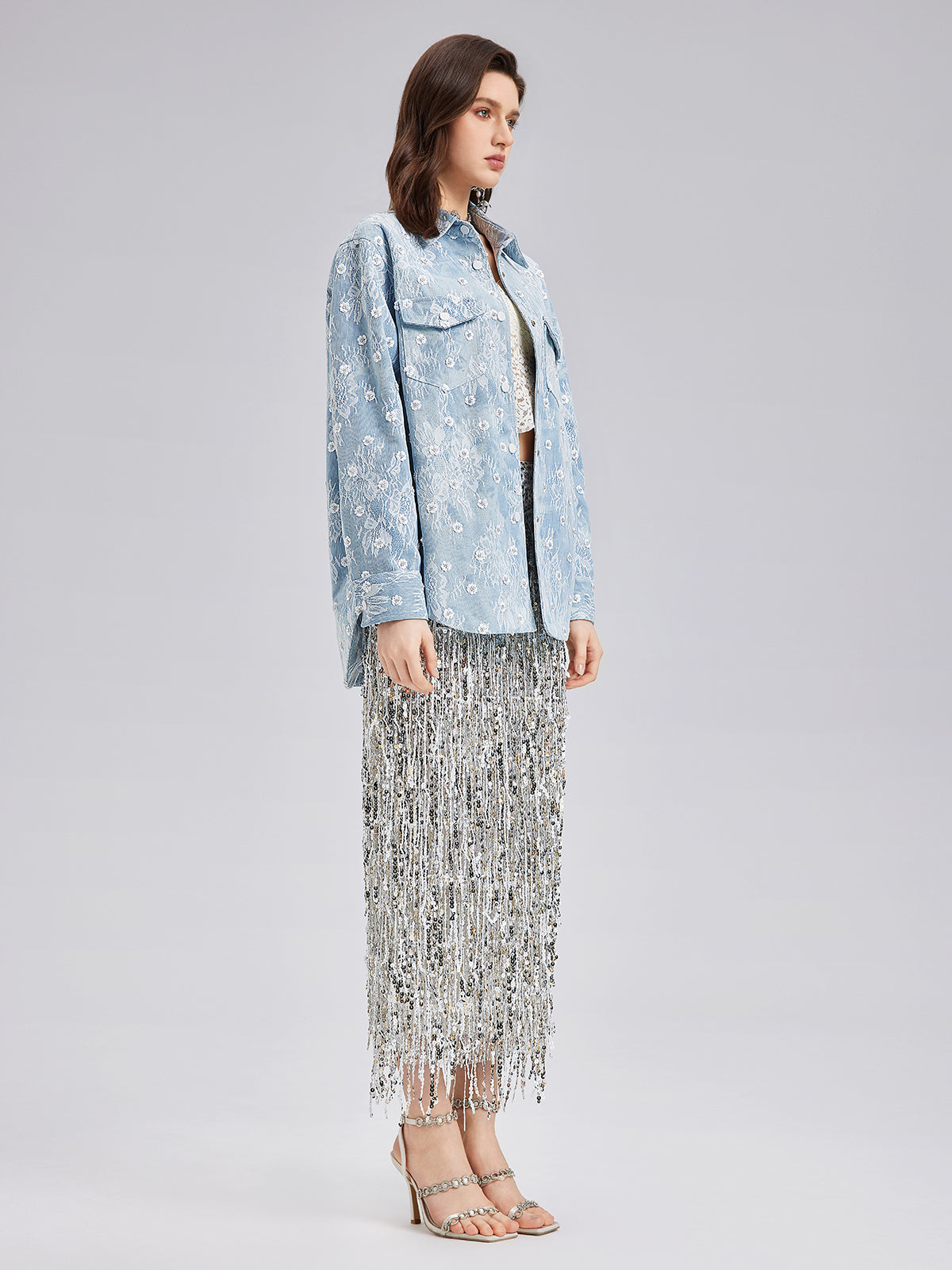 Boncuklu Dantelli Kot Ceket