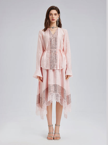 Gösterişli Pullu Dantel Parçalı Etek