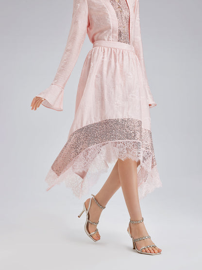 Gösterişli Pullu Dantel Parçalı Etek