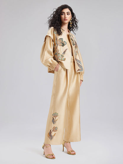 Lüks Çiçekli Pullu Düz Pantolon