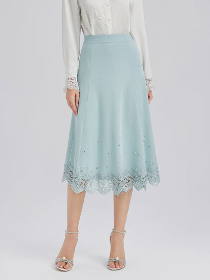 Taşlı Dantel Triko Lastikli Etek