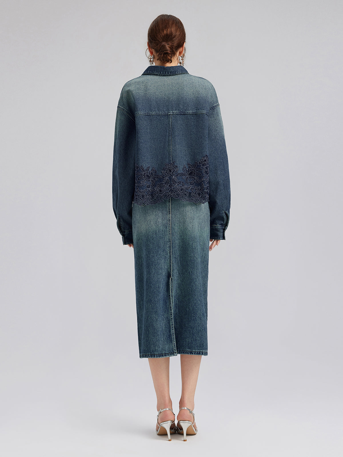 Dantel Parçalı Pamuklu Kot Ceket