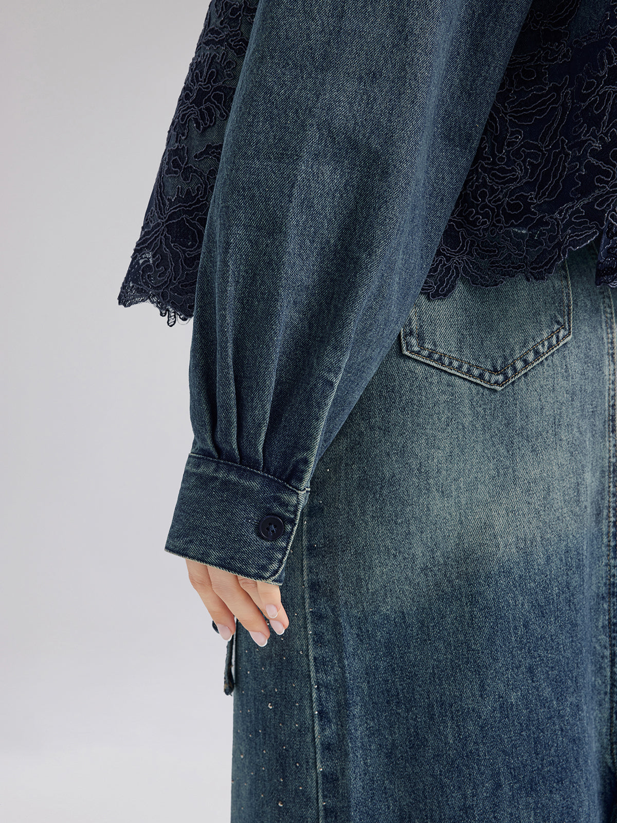 Dantel Parçalı Pamuklu Kot Ceket