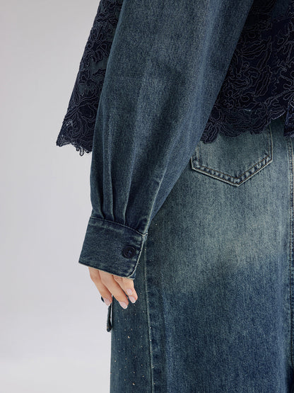 Dantel Parçalı Pamuklu Kot Ceket