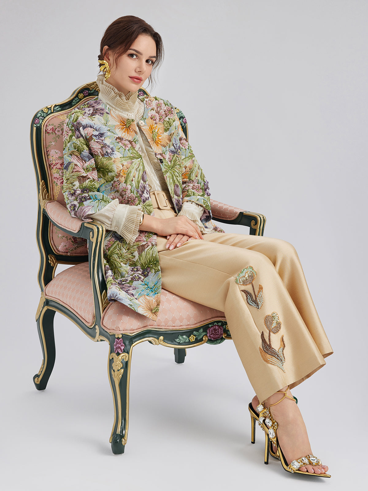 Lüks Çiçekli Pullu Düz Pantolon