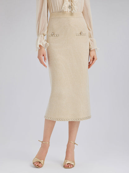 Taşlı Boncuklu Esnek Triko Etek