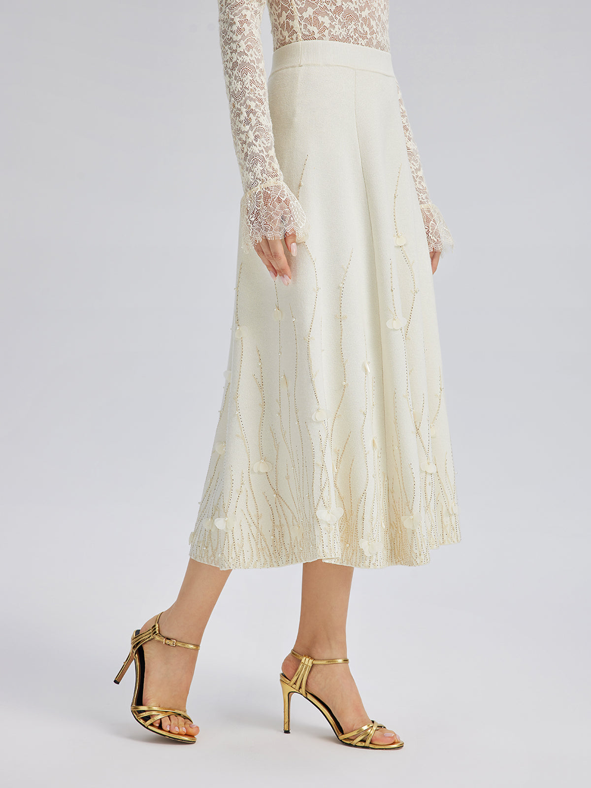 Taşlı Boncuklu Yün Triko Lastikli Etek