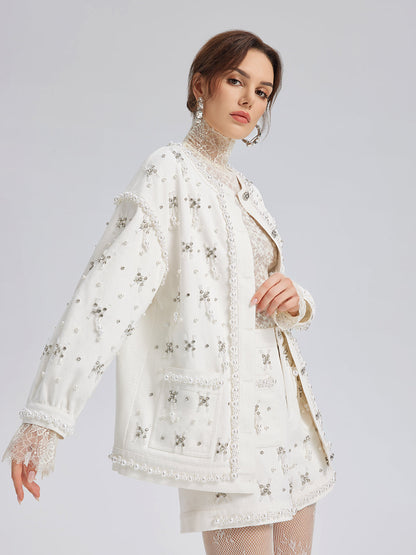 El İşlemeli İncili Kurdeleli Kot Ceket