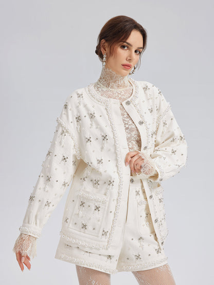 El İşlemeli İncili Kurdeleli Kot Ceket