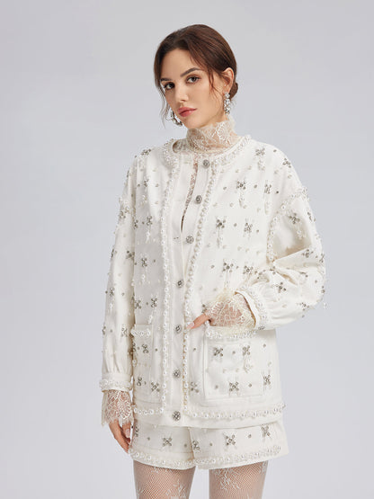 El İşlemeli İncili Kurdeleli Kot Ceket