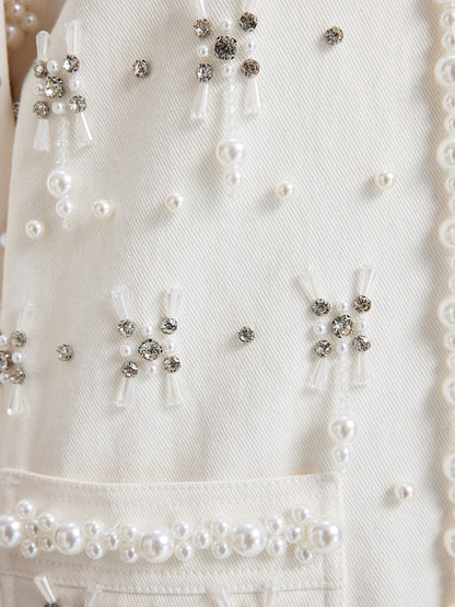 El İşlemeli İncili Kurdeleli Kot Ceket