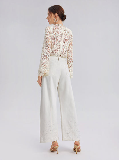 İncili Taşlı Bol Paça Kot Pantolon