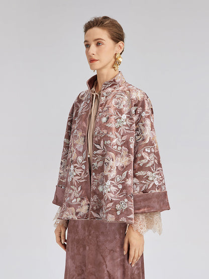 Kadife Pullu Çiçek Nakışlı Ceket