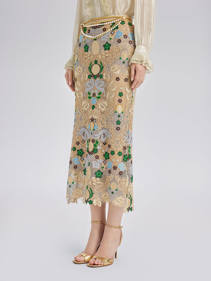 Bohem Nakışlı Çiçekli Beli Lastikli Etek