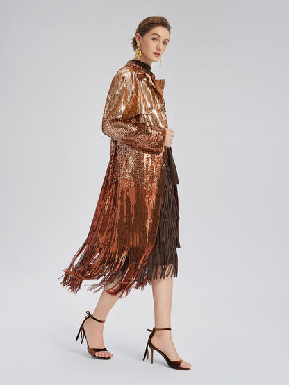 Renk Geçişli Pullu Püsküllü Trençkot (Kemer Dahil)