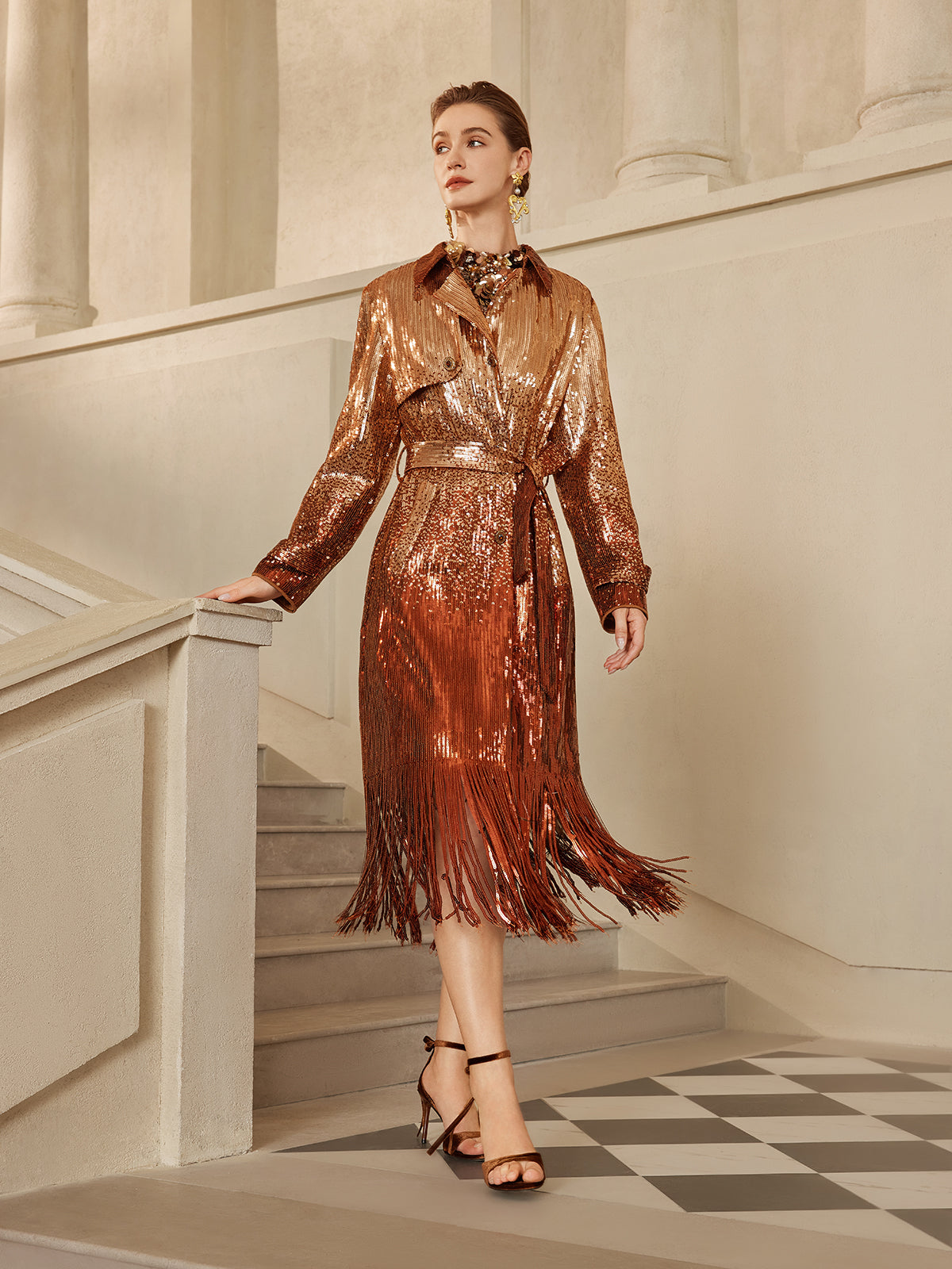 Renk Geçişli Pullu Püsküllü Trençkot (Kemer Dahil)