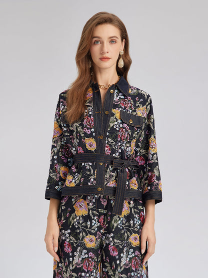 Pullu Nakışlı Çiçekli Kot Ceket