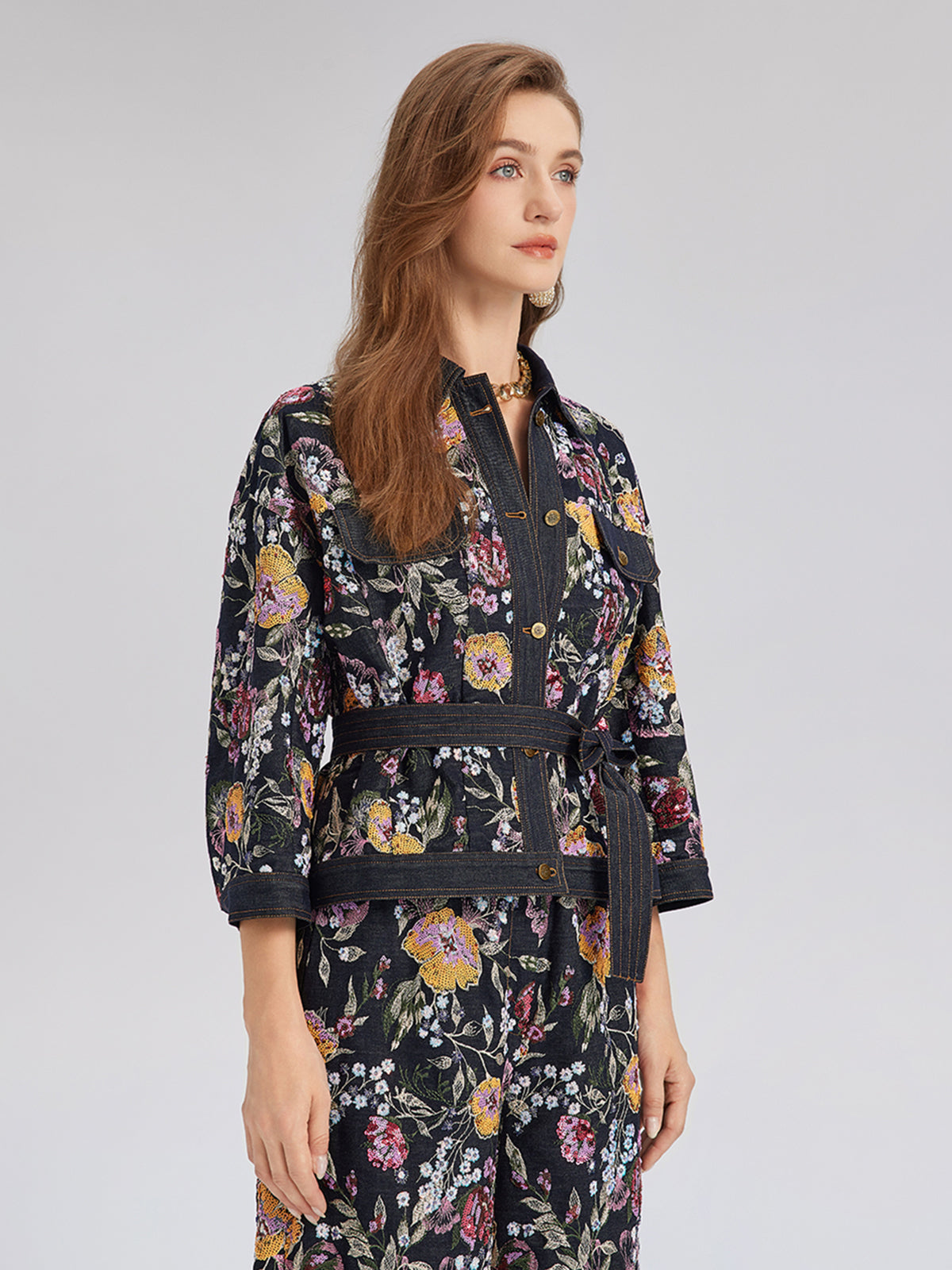 Pullu Nakışlı Çiçekli Kot Ceket