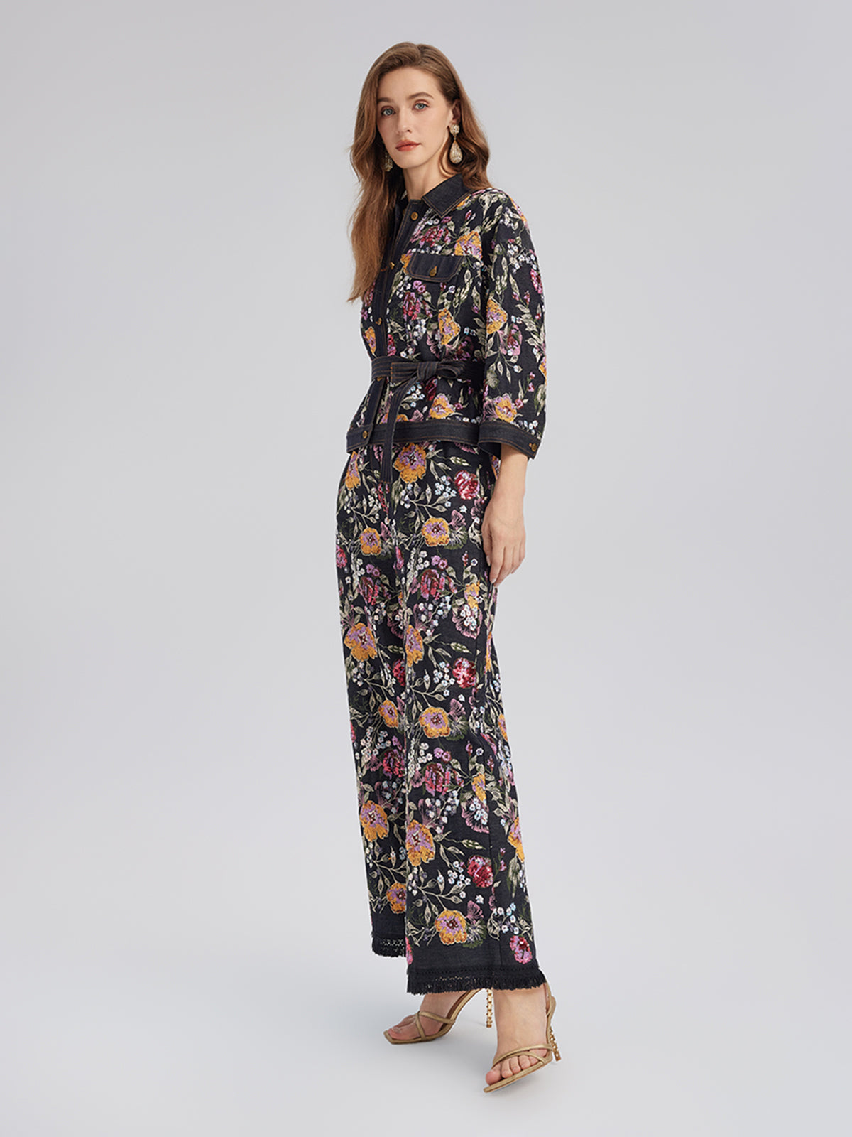 Pullu Nakışlı Çiçekli Kot Ceket