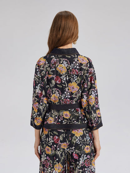 Pullu Nakışlı Çiçekli Kot Ceket