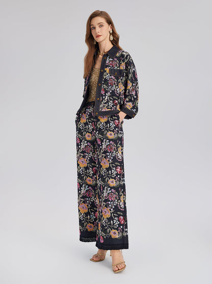 Pullu Nakışlı Çiçekli Kot Ceket