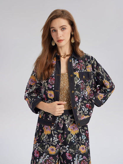 Pullu Nakışlı Çiçekli Kot Ceket