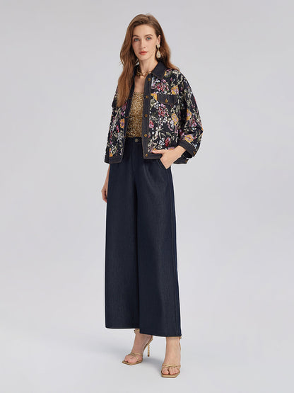 Pullu Nakışlı Çiçekli Kot Ceket