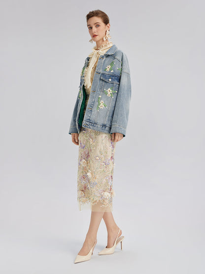 El İşlemeli Yıkamalı Kot Ceket