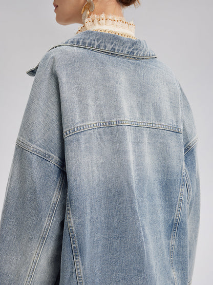 El İşlemeli Yıkamalı Kot Ceket