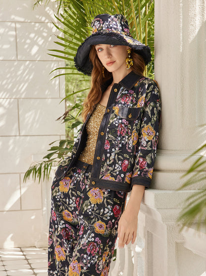 Pullu Nakışlı Çiçekli Kot Ceket