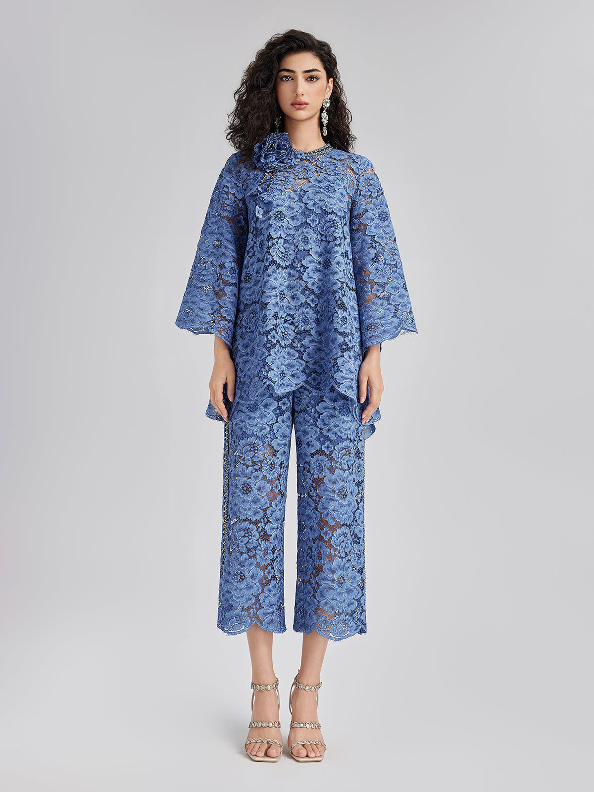 Retro Mavi Yıkamalı Dantelli Lastikli Pantolon