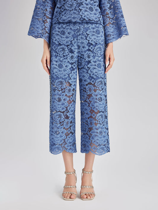 Retro Mavi Yıkamalı Dantelli Lastikli Pantolon