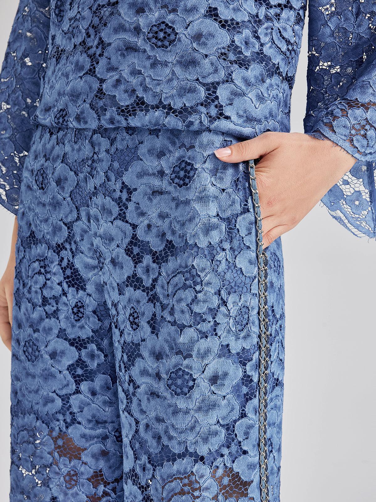 Retro Mavi Yıkamalı Dantelli Lastikli Pantolon