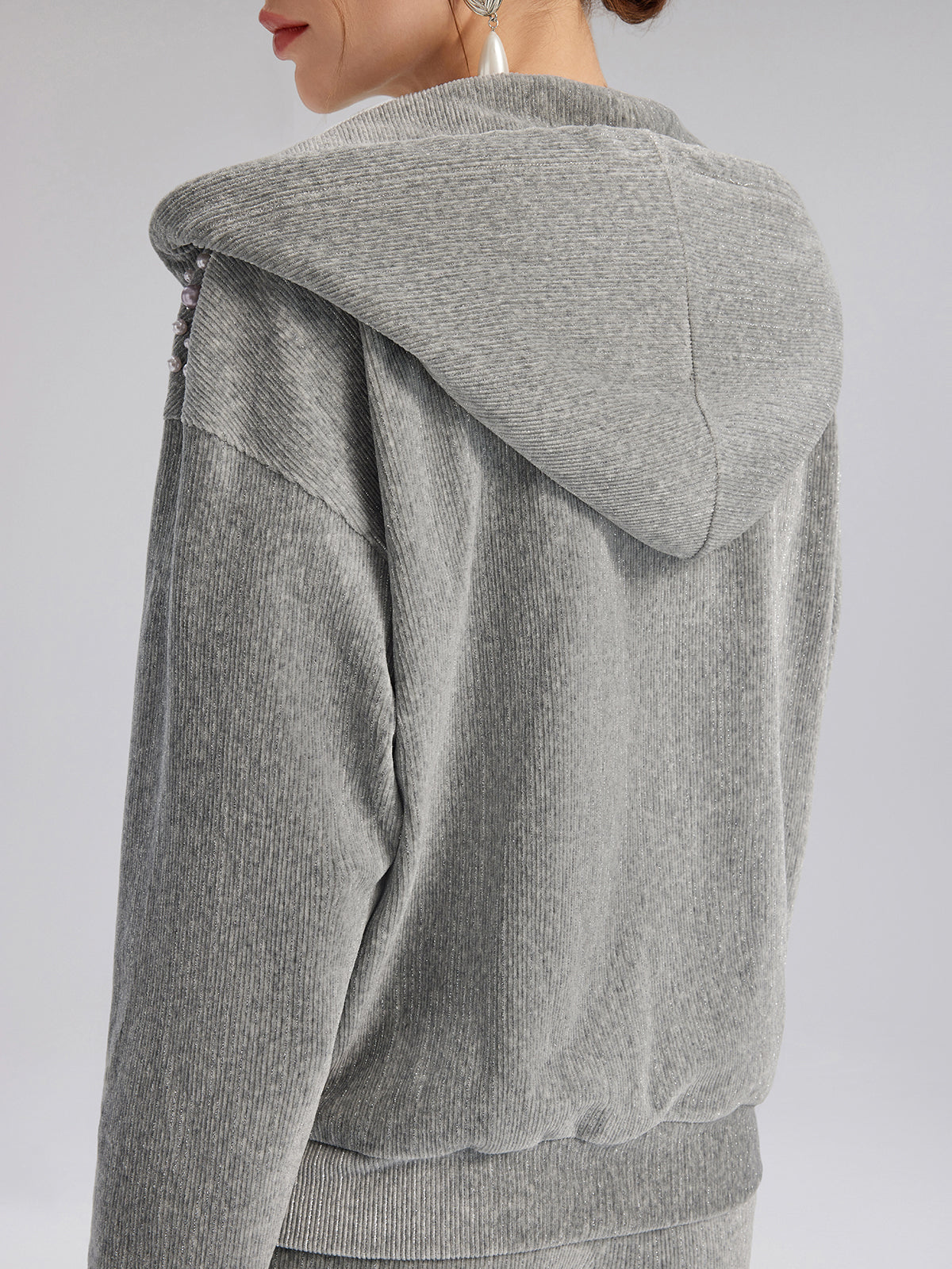 Şönil Fitilli Boncuklu Kapüşonlu Fermuarlı Ceket