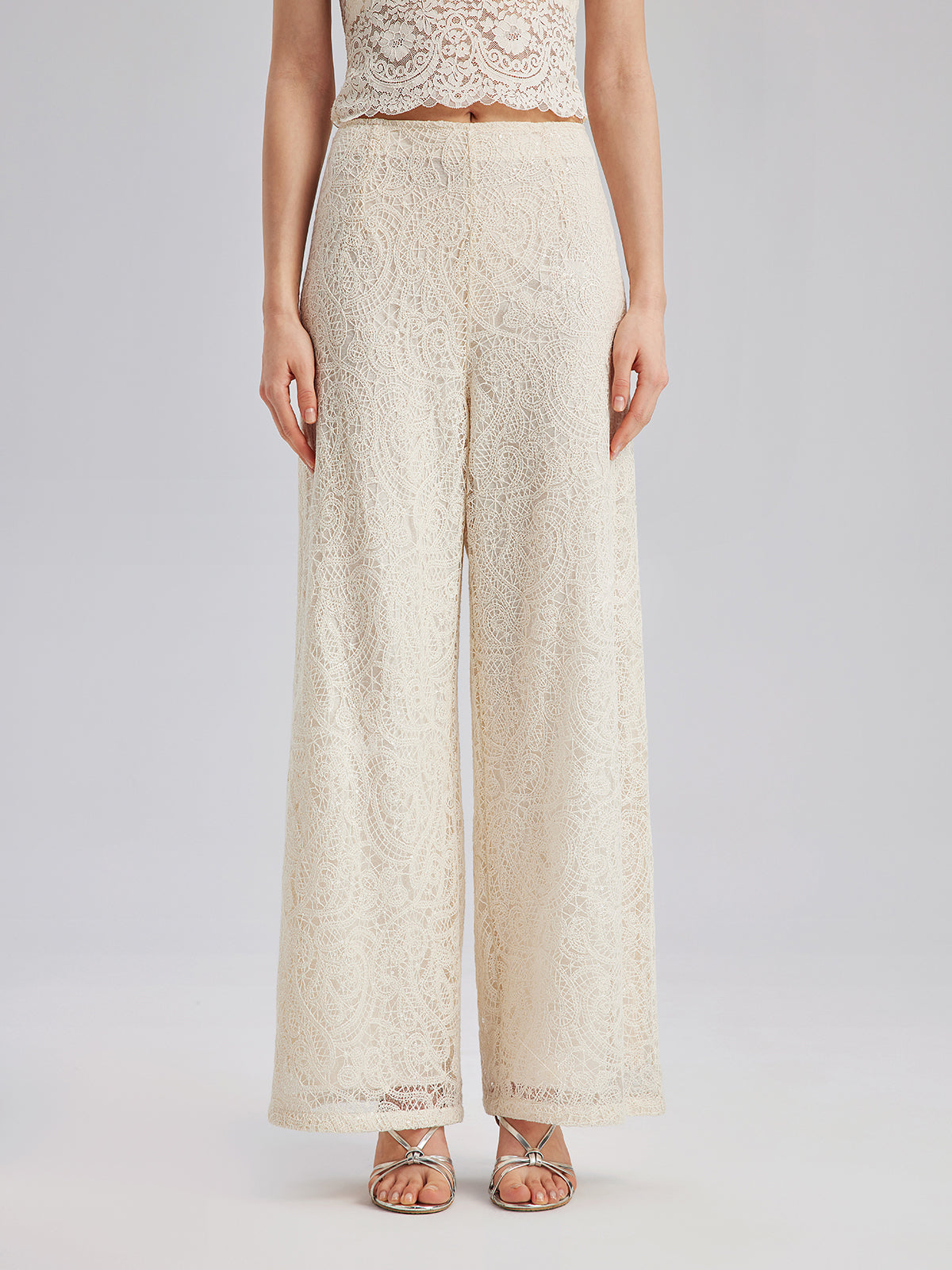 Fransız Dantel Çiçekli Bol Paça Pantolon