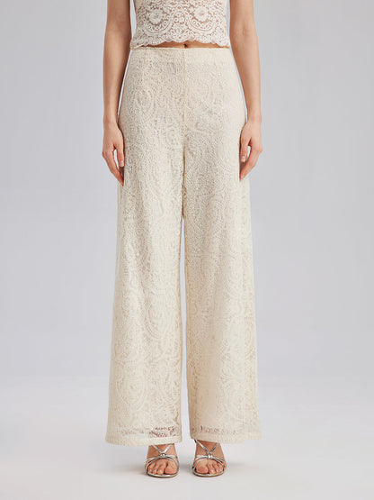 Fransız Dantel Çiçekli Bol Paça Pantolon