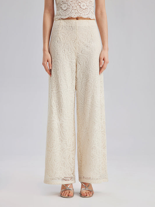 Fransız Dantel Çiçekli Bol Paça Pantolon