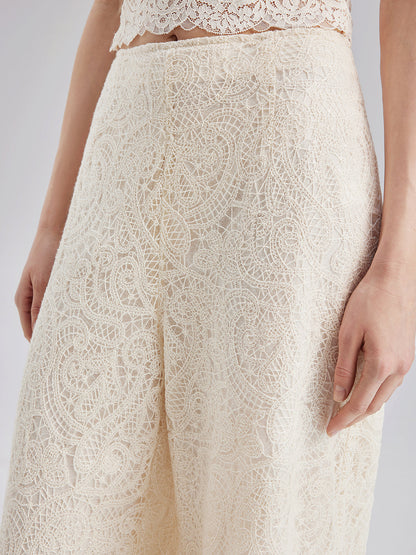 Fransız Dantel Çiçekli Bol Paça Pantolon