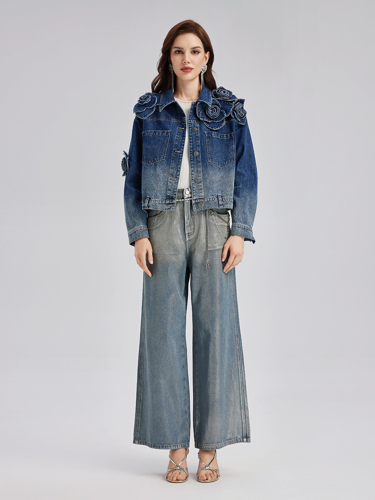 El Yapımı Çiçekli Renk Geçişli Kot Ceket