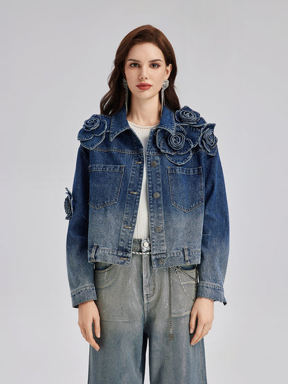 El Yapımı Çiçekli Renk Geçişli Kot Ceket