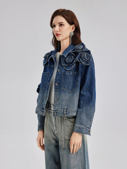 El Yapımı Çiçekli Renk Geçişli Kot Ceket