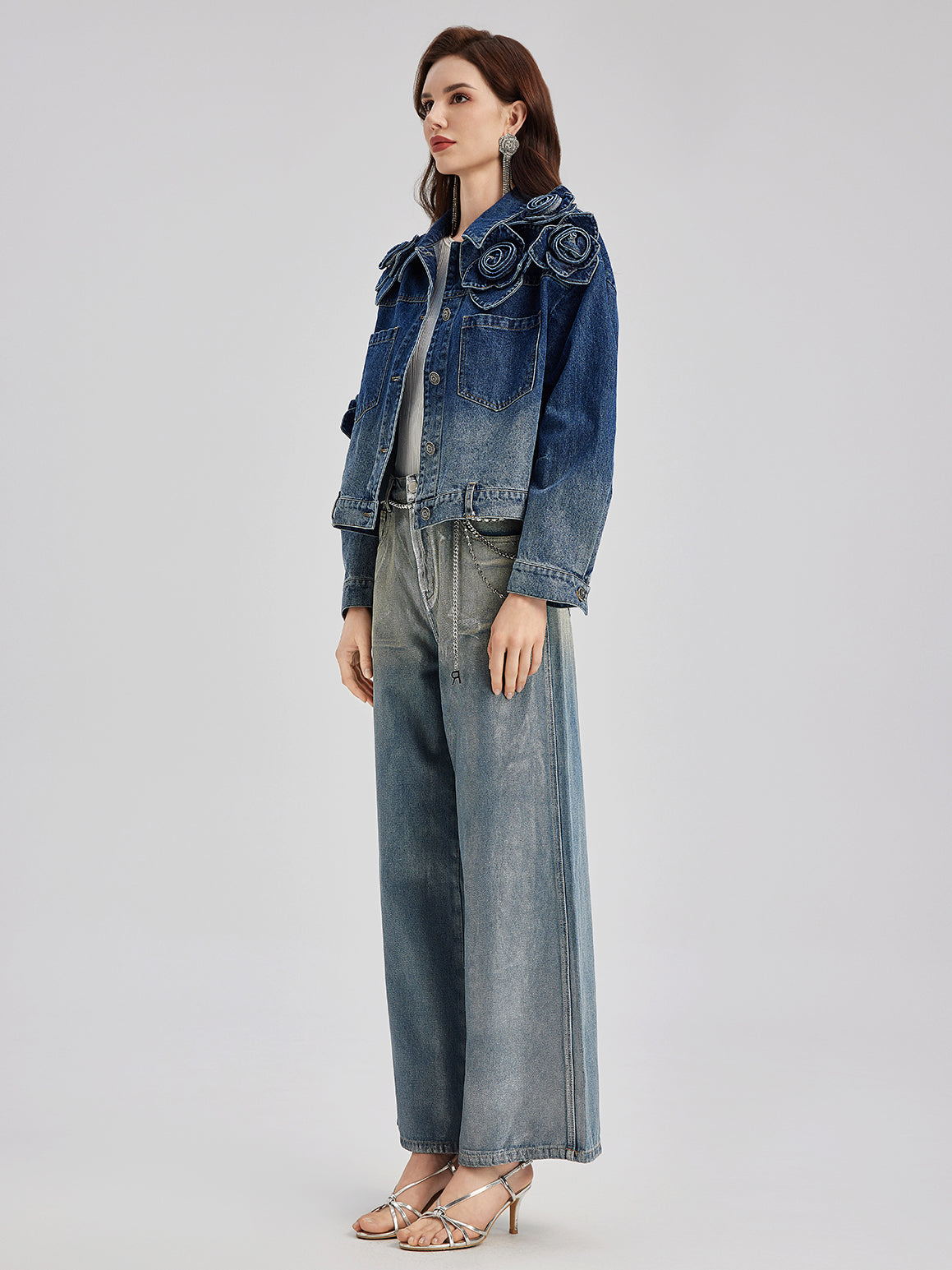 El Yapımı Çiçekli Renk Geçişli Kot Ceket