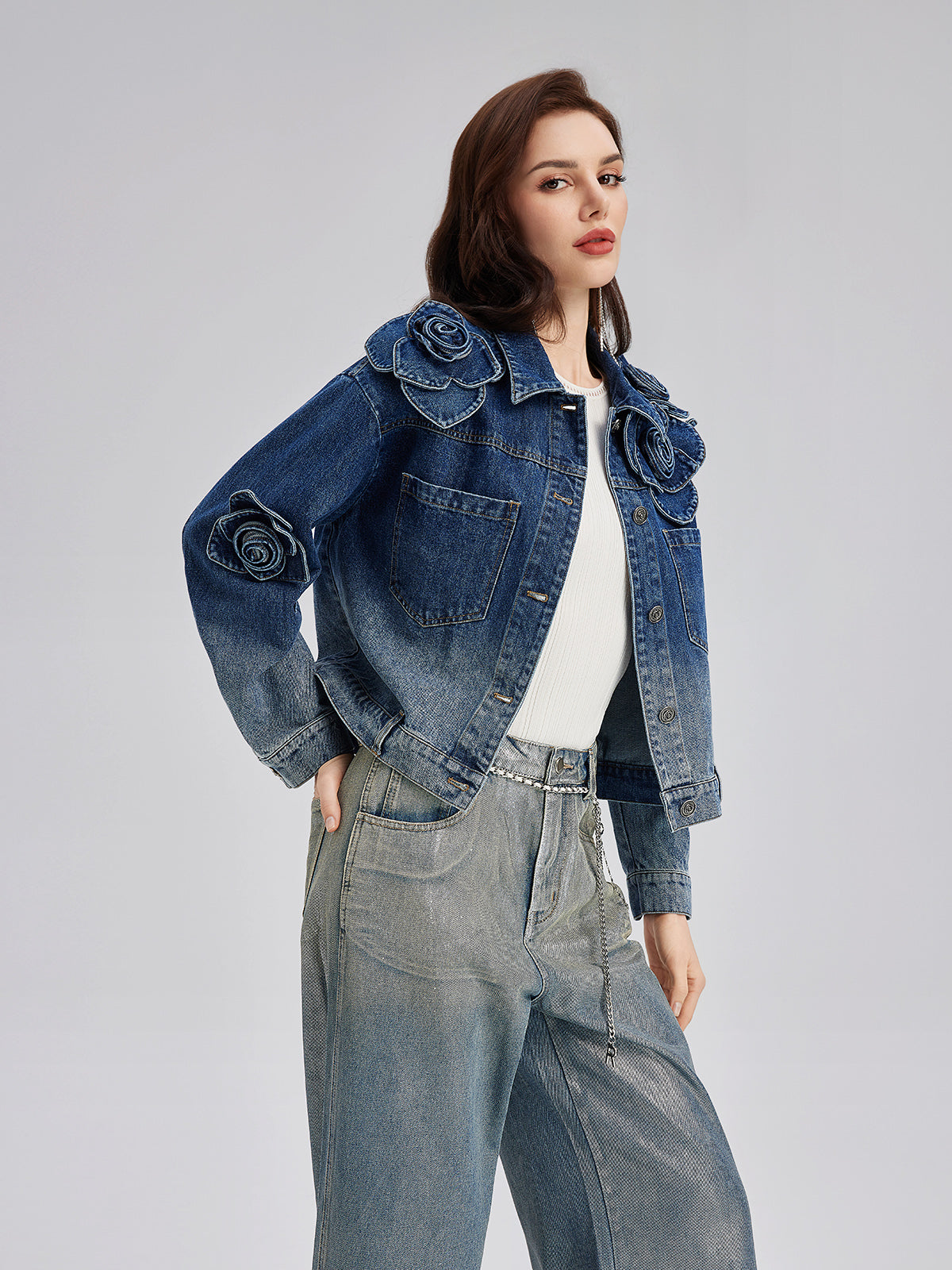 El Yapımı Çiçekli Renk Geçişli Kot Ceket