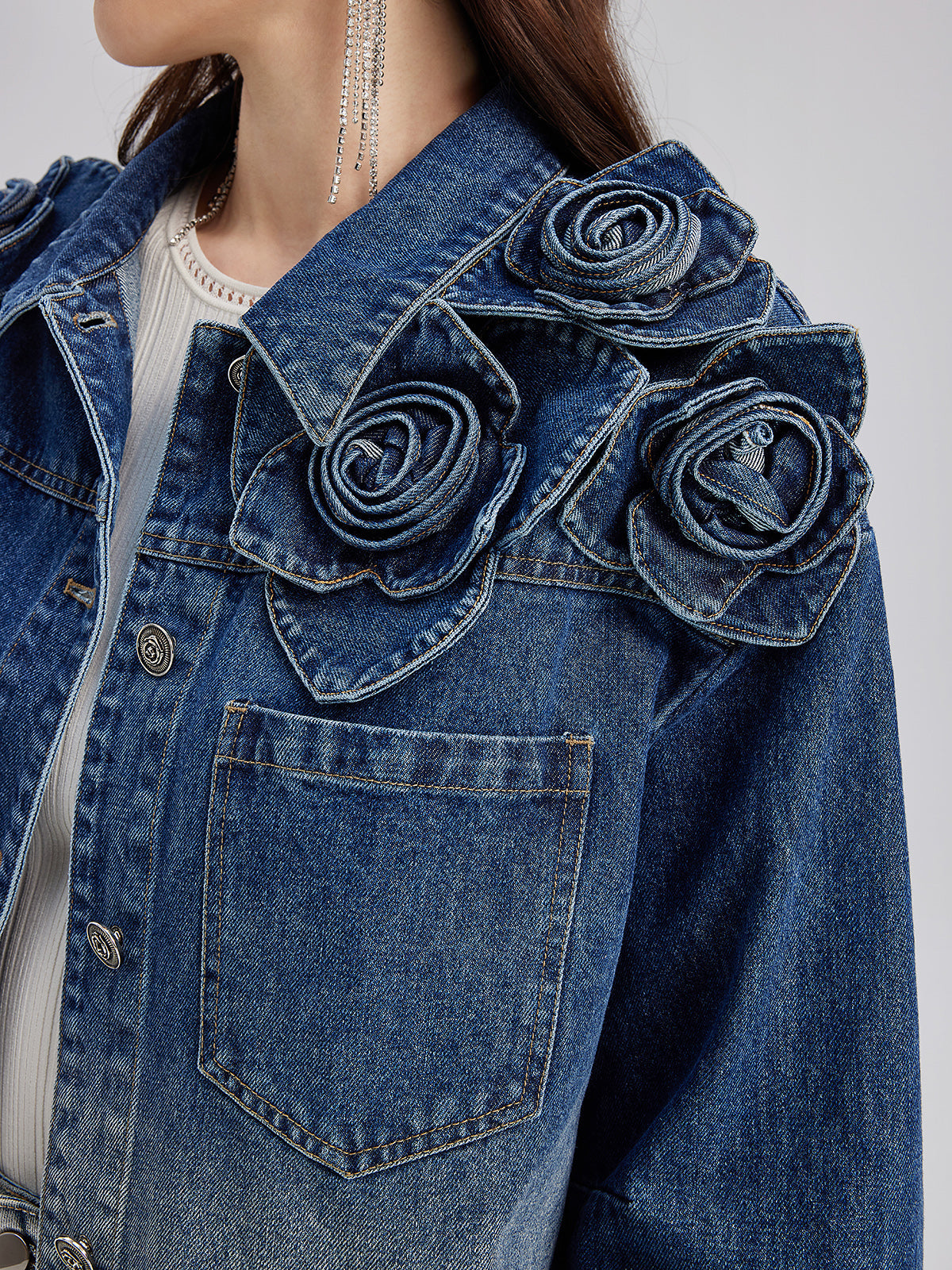 El Yapımı Çiçekli Renk Geçişli Kot Ceket