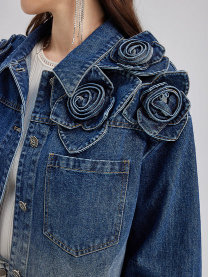 El Yapımı Çiçekli Renk Geçişli Kot Ceket