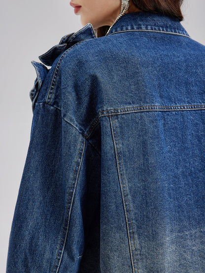 El Yapımı Çiçekli Renk Geçişli Kot Ceket