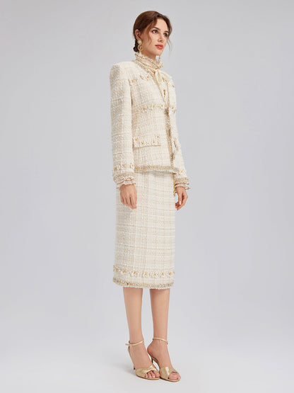 İki Renkli Kareli Tüvit El İşlemeli Çiçekli Ceket (Toka Dahil)